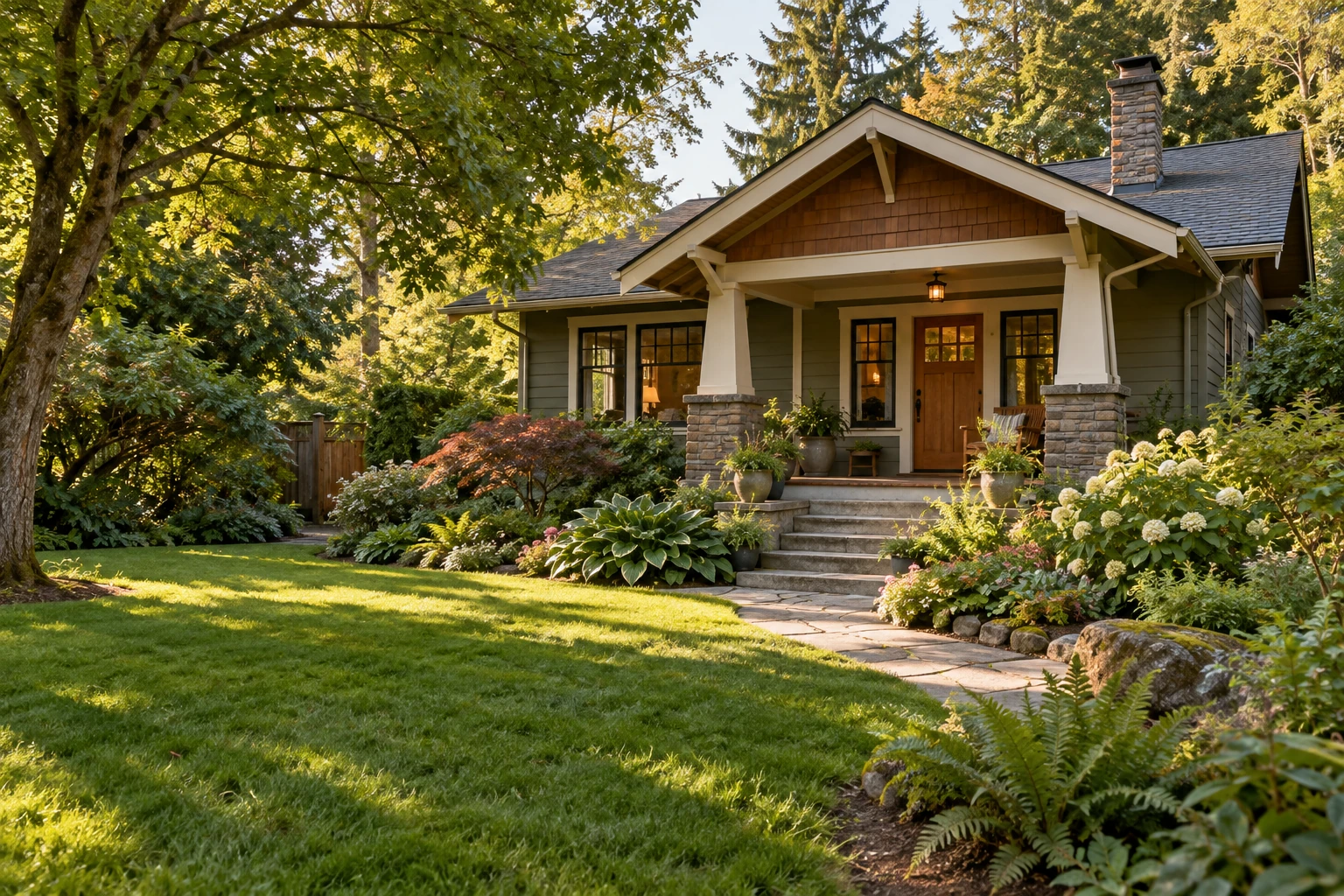 A Craftsman home with a welcoming porch and a tree-lined garden
